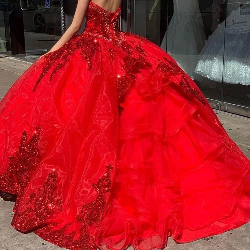 QD1577 Red Sweetheart Quinceanera Dress Glittering Lace For 15 Party Formal Dress Ball Gown Birthday Princess Gown Gown