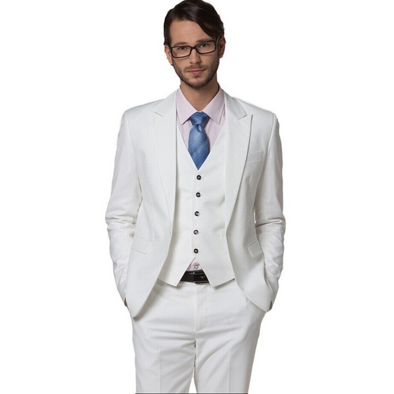 Men's Suit Man Latest Design Formal Wearing Customized Groom Wedding Tuxedos 3 Pieces (Jacket+Pants+Vest) WB053 White Suit