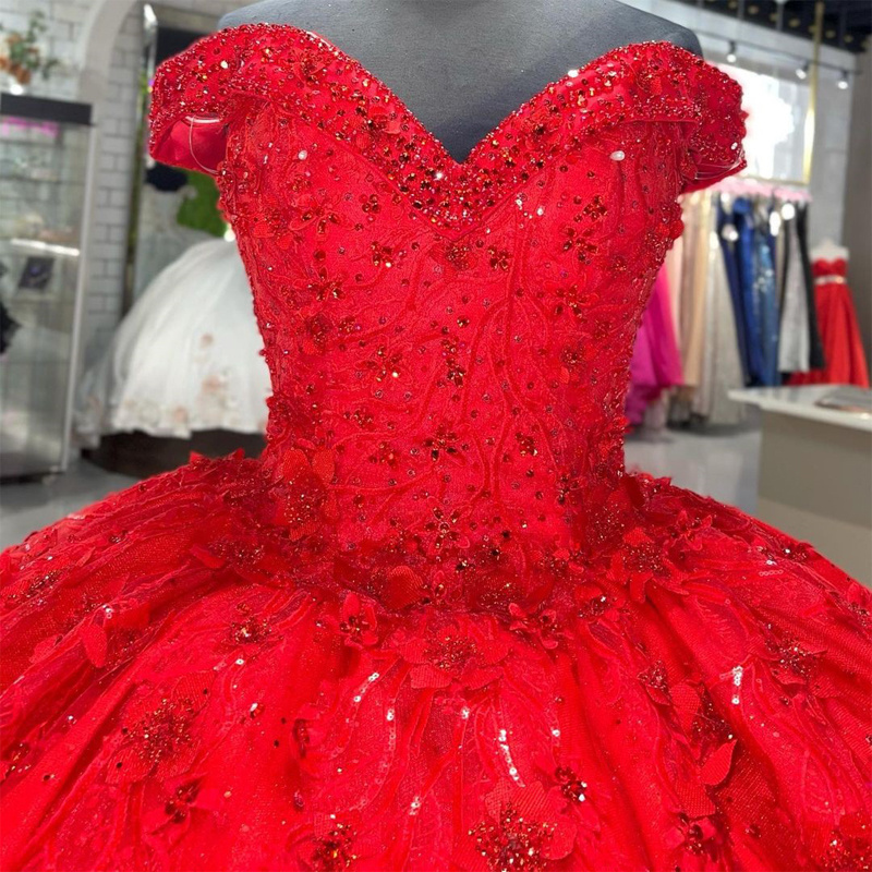 QD1614 Red Sweetheart Quinceanera Dress Glittering Lace Beading For 15 Party Formal Dress Ball Gown 16 Birthday Princess Gown