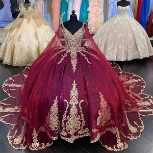 QD1608 Luxury Burgundy Sequins Sweet 16 Quinceanera Dress 2023 With Detached Cape Beads Appliques lace-up corset prom Vestidos