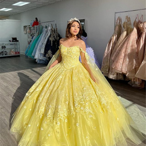 QD1581 2023 Yellow Ball Gown Quinceanera Dresses Gorgeous Prom Gowns 3D Flowers Beaded Sweet 15 16 Dress Party Wear