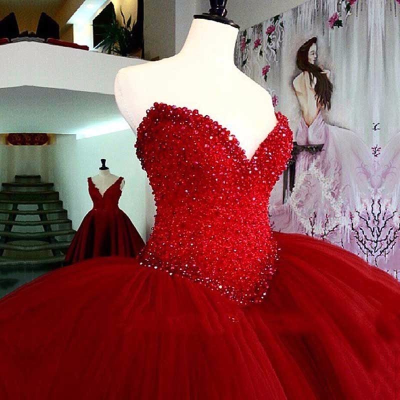 FA71 Vestidos de novia Crystal Red Wedding Dresses Princess Sweetheart Beaded Tulle Puffy Ball Gown Wedding Gowns