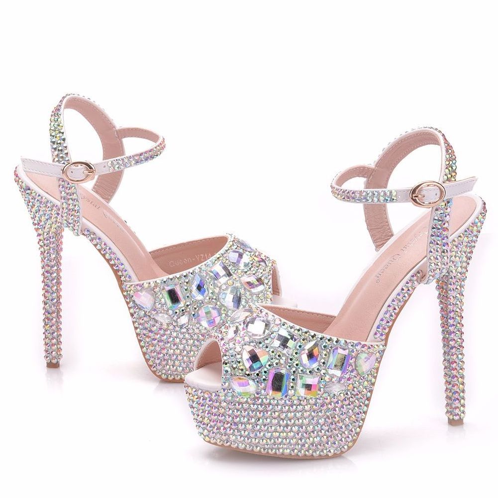 LS101 New Rhinestone Women's Wedding Shoes Fine Heel Round Head Waterproof Platform High Heels Banquet Fish Mouth Female Sandals