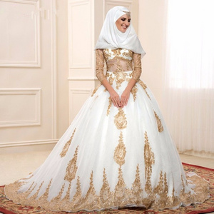 FA67 Gold And White Islamic Wedding Dresses vestido de noiva Ball Gown Turkey With Three Quarter Sleeves Lace Bridal Gowns