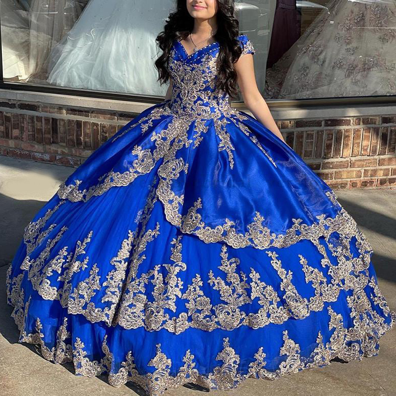 QD1599 Off the Shoulder Royal Blue Quinceanera Dresses With Gold Appliqued Ball Gowns Prom Dresses Lace-up Sweet 16 Party Gowns