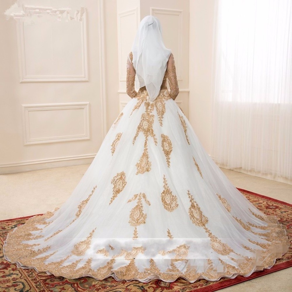 FA67 Gold And White Islamic Wedding Dresses vestido de noiva Ball Gown Turkey With Three Quarter Sleeves Lace Bridal Gowns