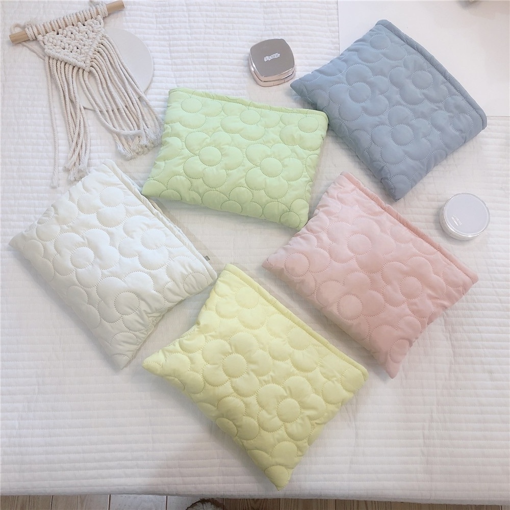 Candy Color Padded Cosmetic Bag Quilted Embossed Flower Women Cotton Makeup Pouch