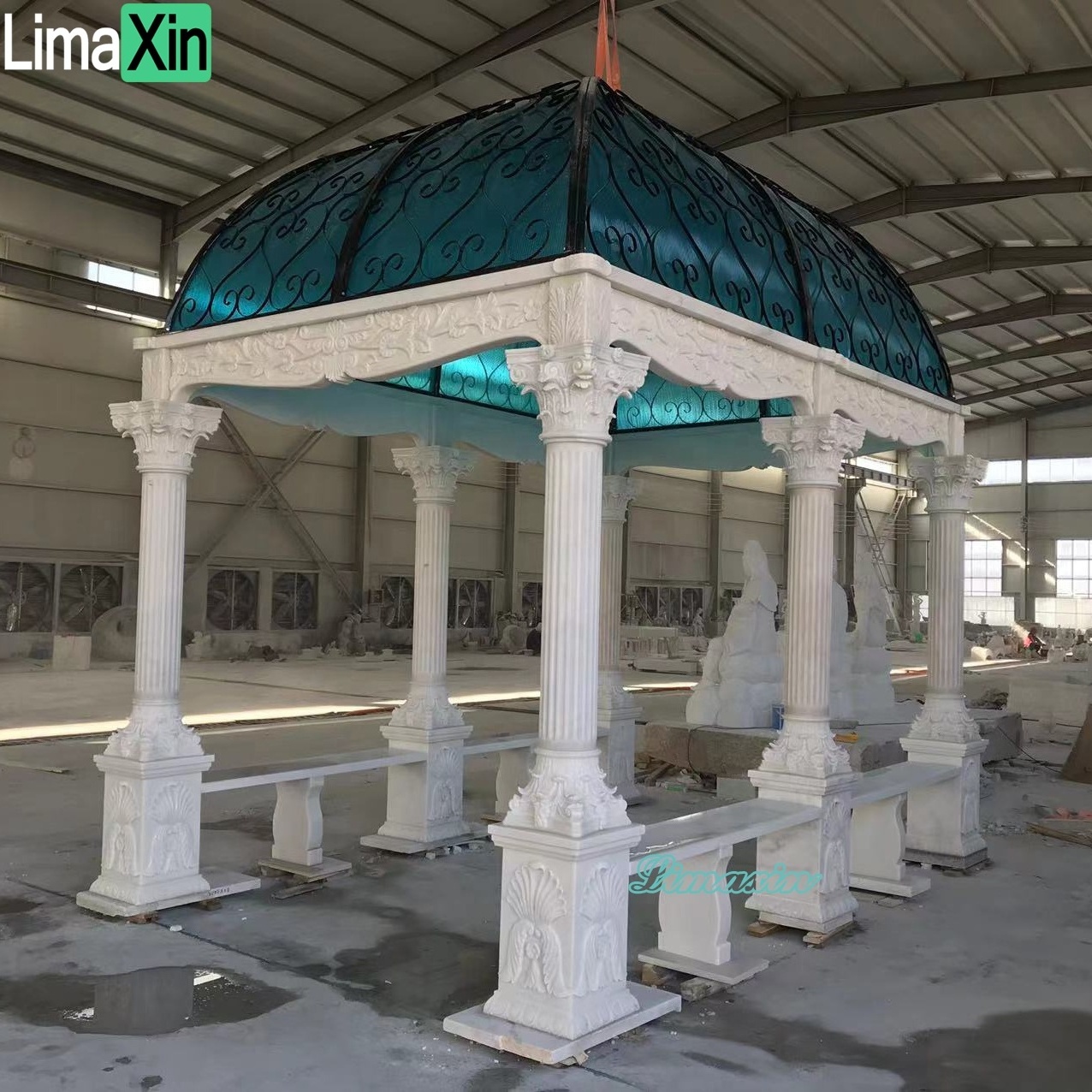 Square garden stone pergola natural white marble column outdoor gazebo with blue iron dome