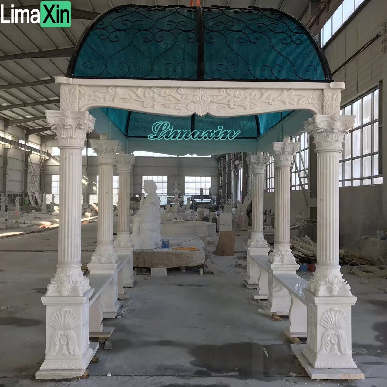 Square garden stone pergola natural white marble column outdoor gazebo with blue iron dome