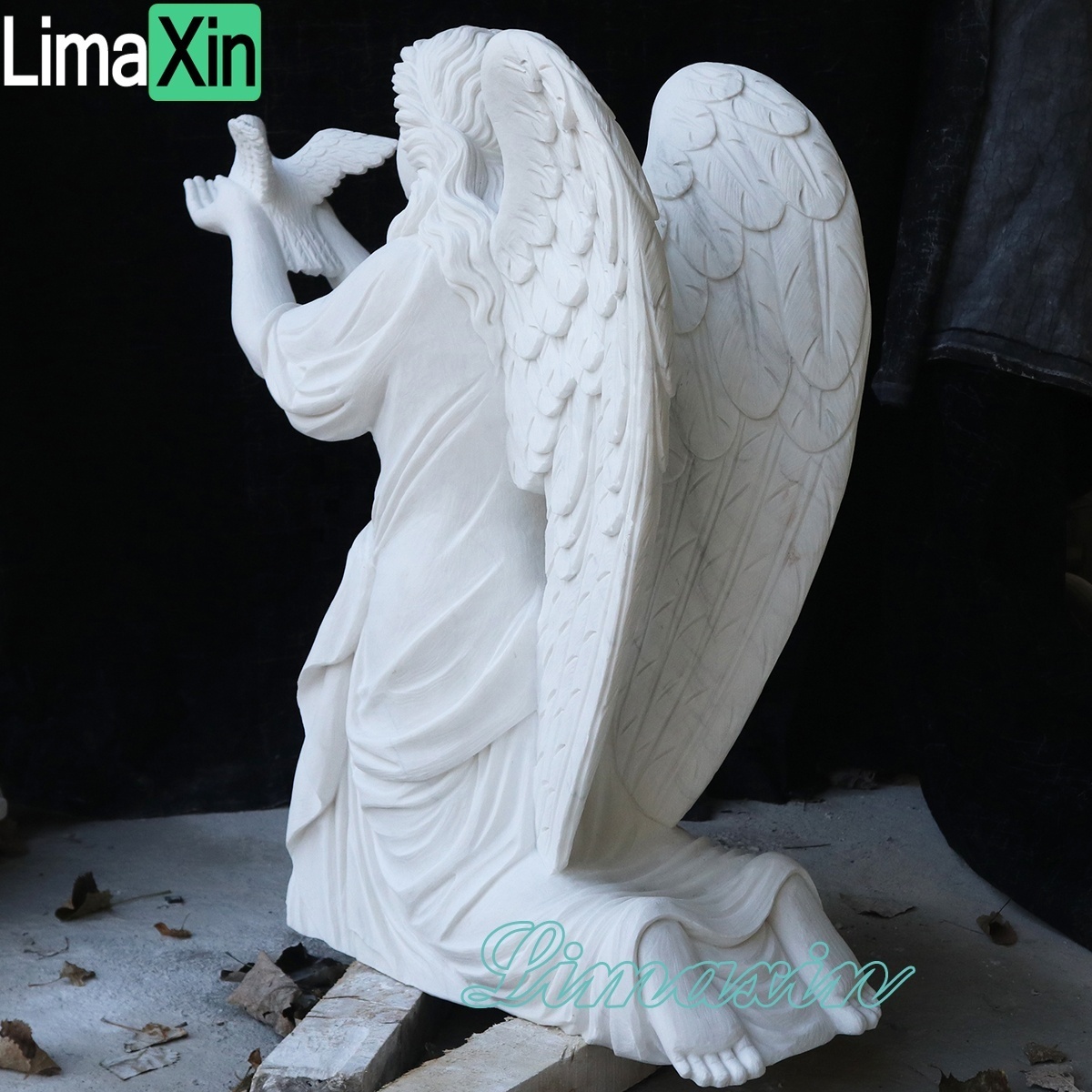 Angel wings hand carved angel tombstone white marble kneeling angel headstone