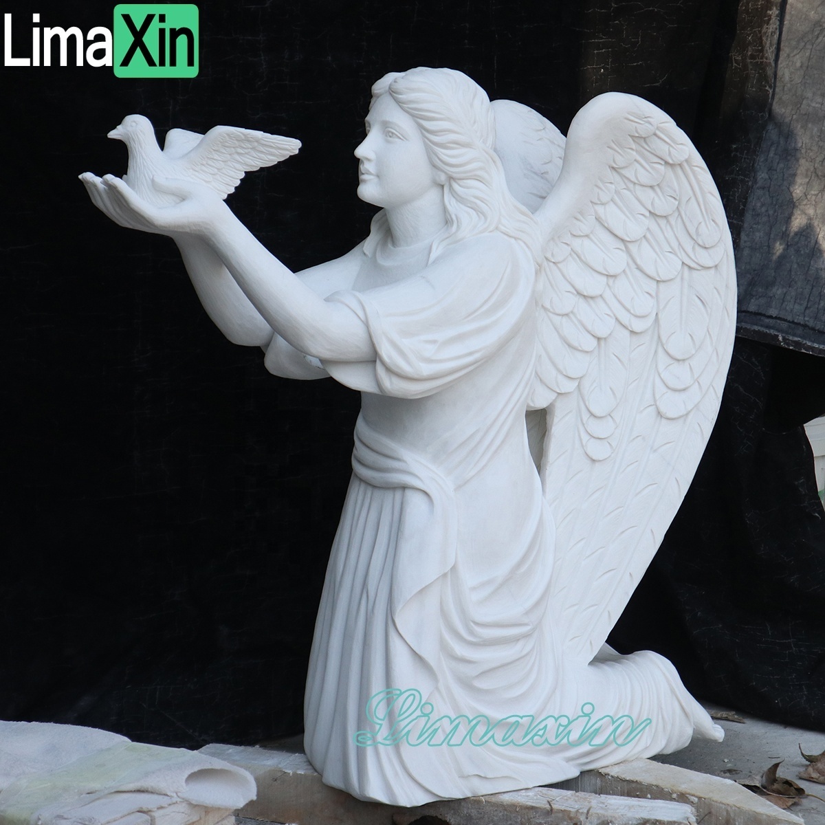 Angel wings hand carved angel tombstone white marble kneeling angel headstone