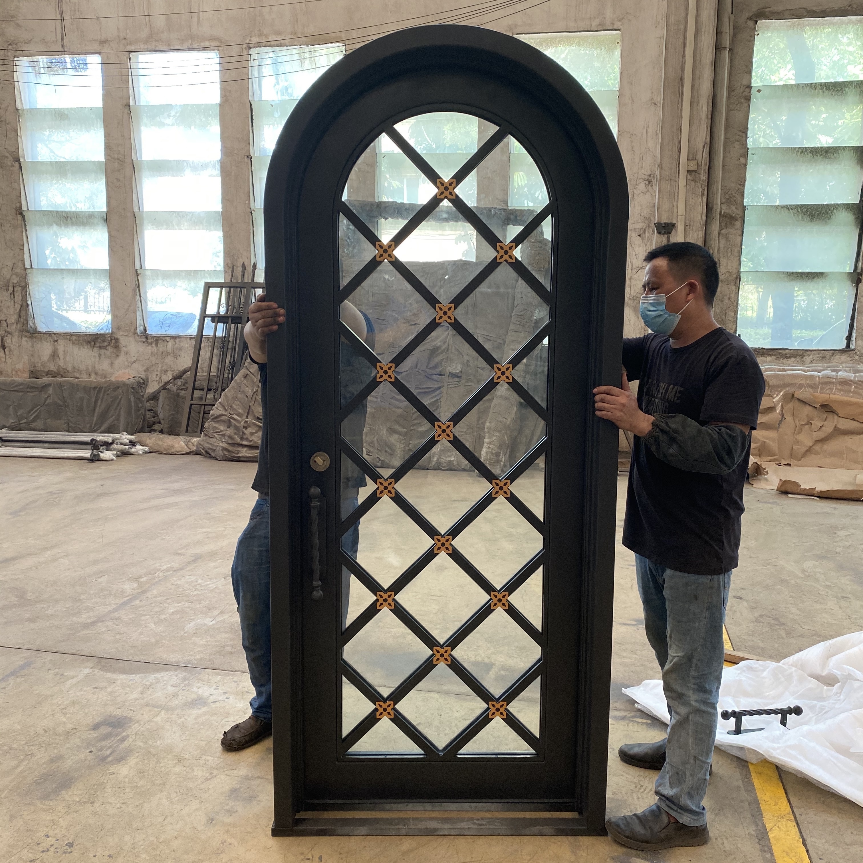 Customized small size wrought iron gate single glass interior wine cellar door