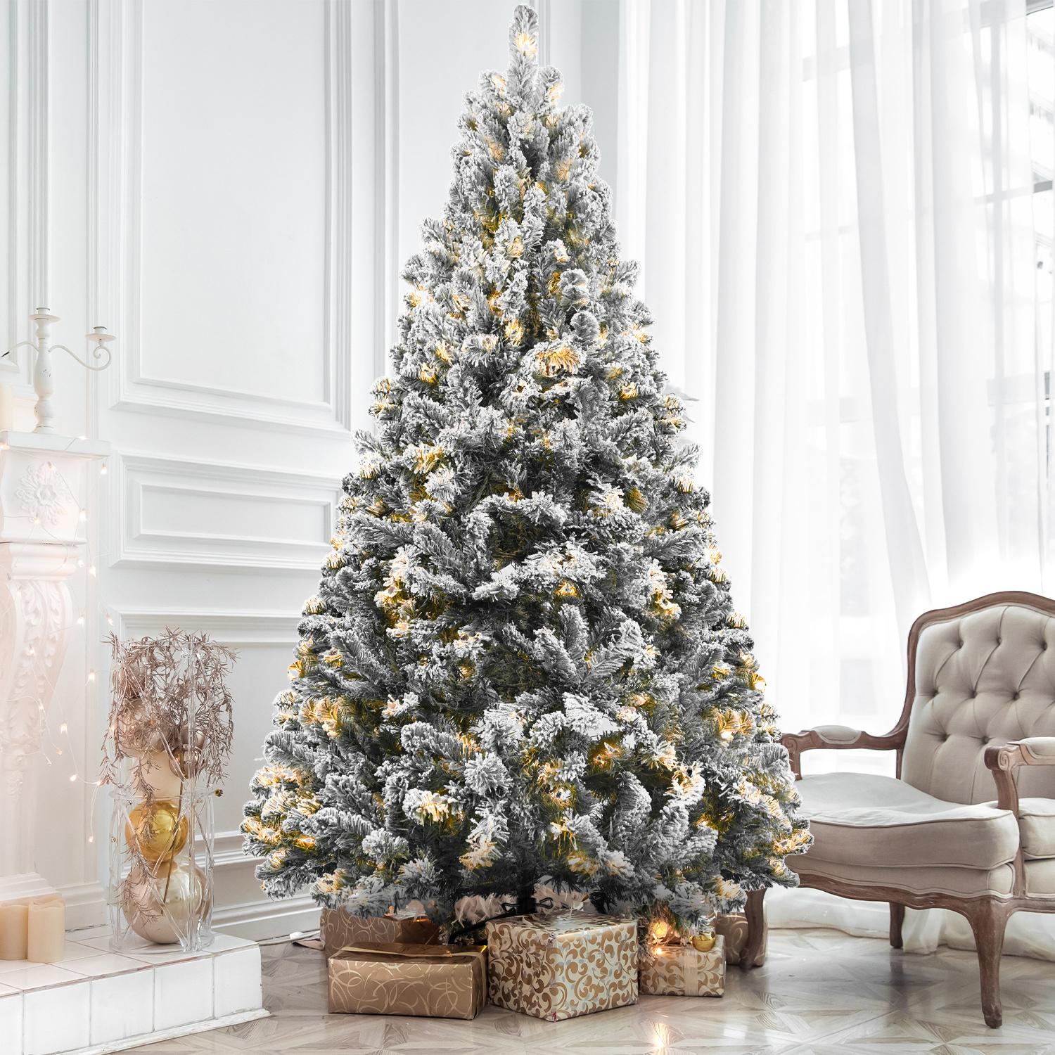 Christmas interior decorations most popular overseas warehouse pre-lit artificial flocked Christmas tree