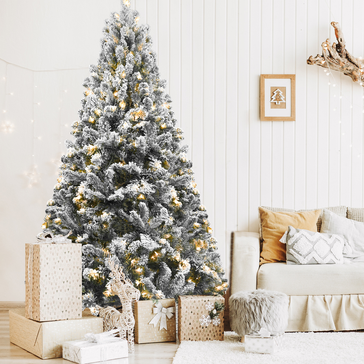 Christmas interior decorations most popular overseas warehouse pre-lit artificial flocked Christmas tree