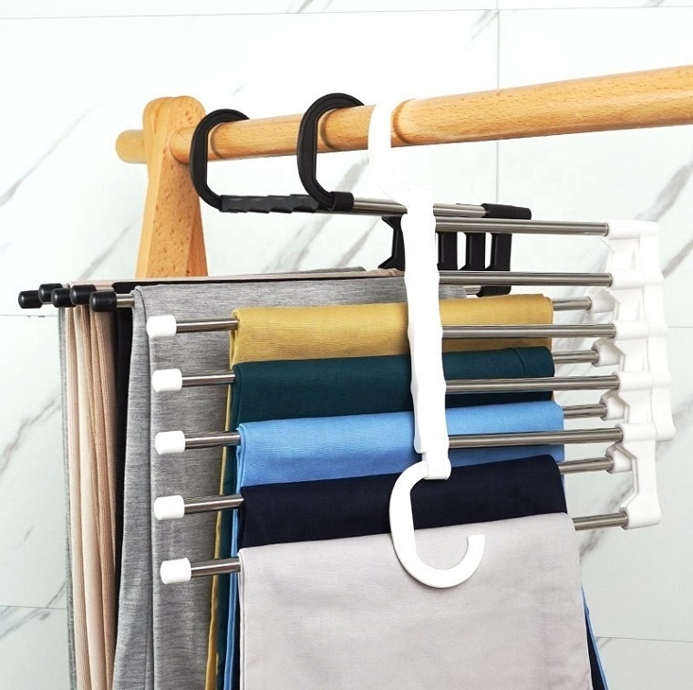 LM2018 space saving 5 in 1 Multi Layer Magic Folding Stainless Steel Clothes Trouser Hanging Rack pants hanger