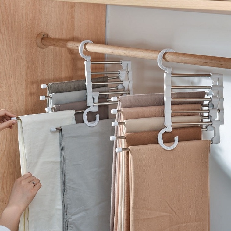 LM2018 space saving 5 in 1 Multi Layer Magic Folding Stainless Steel Clothes Trouser Hanging Rack pants hanger