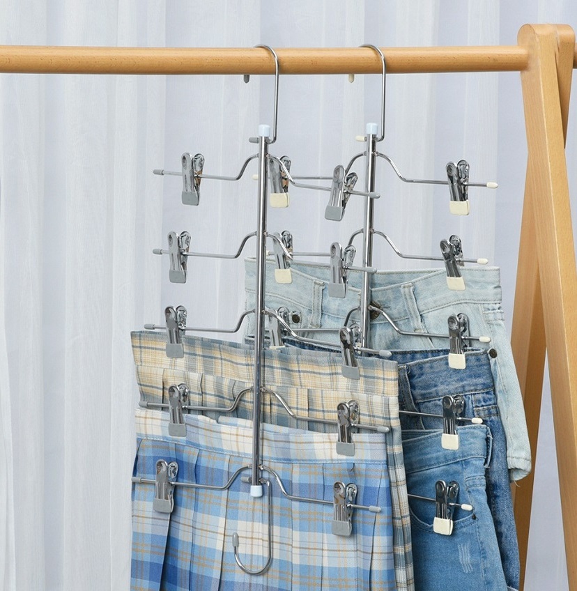 Multi layer space saving storage hanger rack pants skirt clips hanger with double hooks