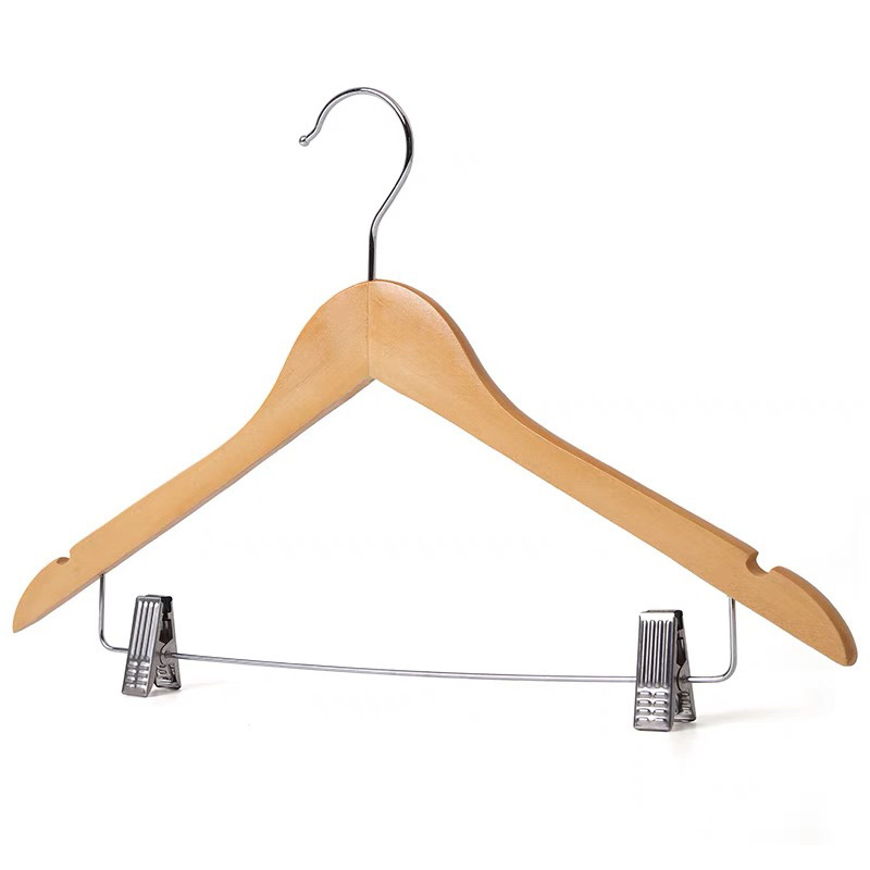 Hot Sale Natural Wooden Smooth Finished With Trouser Skirt Clips Wooden Clothes Coat Garment Hangers Supplier