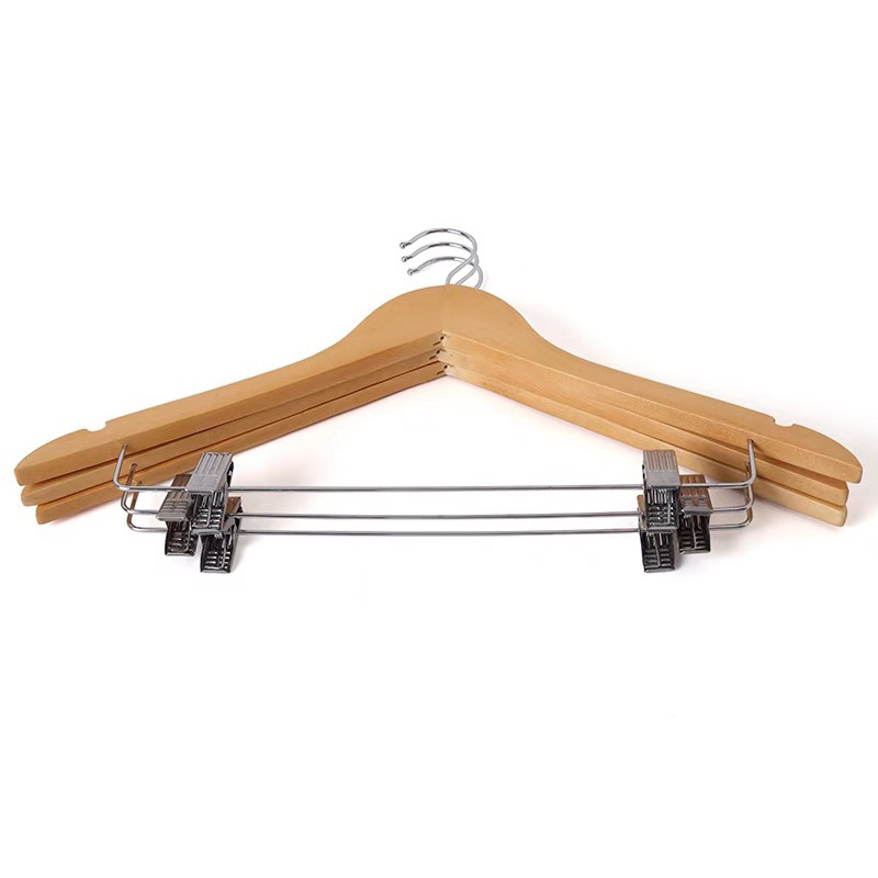 Hot Sale Natural Wooden Smooth Finished With Trouser Skirt Clips Wooden Clothes Coat Garment Hangers Supplier