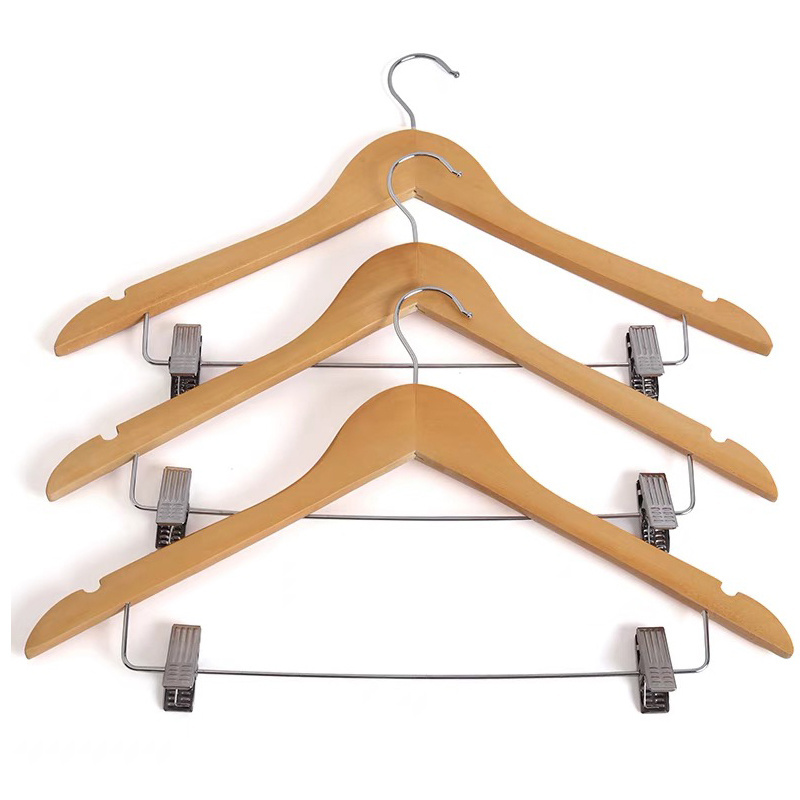 Hot Sale Natural Wooden Smooth Finished With Trouser Skirt Clips Wooden Clothes Coat Garment Hangers Supplier