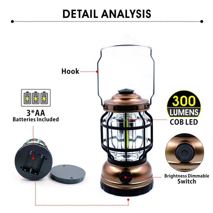 Antique Tent Camping Light 18650 Rechargeable Cob Led Camping Lantern Led Portable Camping Lantern With Hook