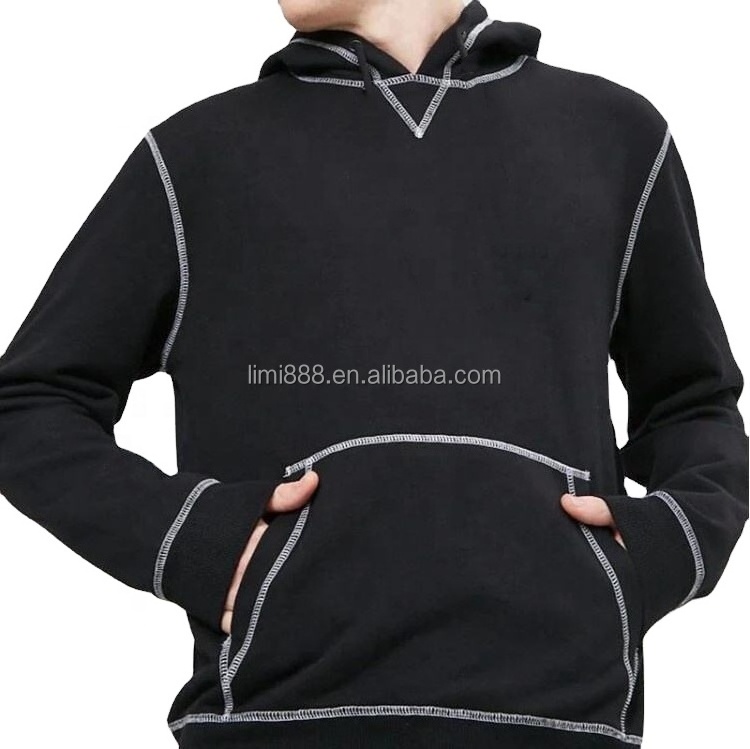 oversized custom logo stringless black white stitching blank pull over reversed inside out stitch hoodie with no string