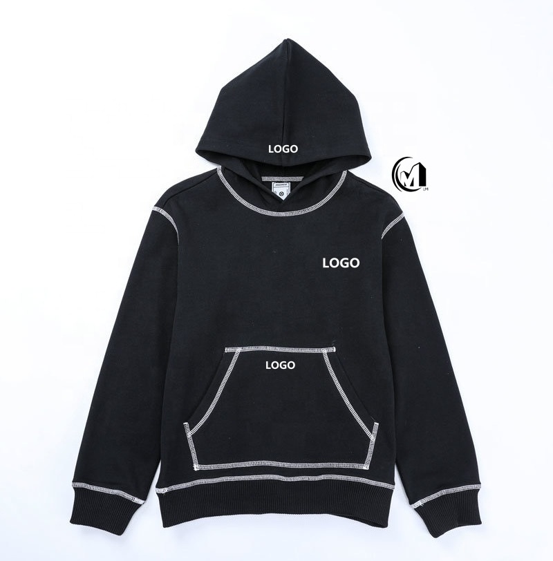 oversized custom logo stringless black white stitching blank pull over reversed inside out stitch hoodie with no string