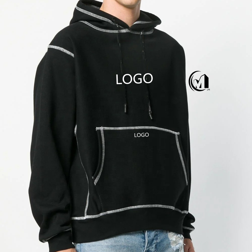 oversized custom logo stringless black white stitching blank pull over reversed inside out stitch hoodie with no string