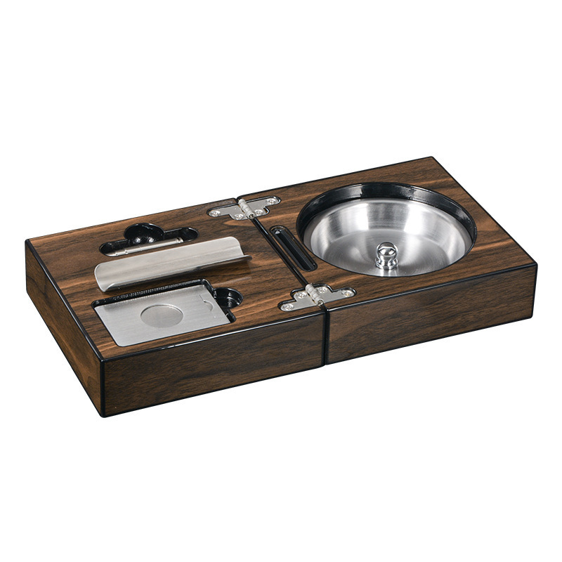 Portable cigar accessories wooden Cigar Ashtray With Removable Stainless Steel Basin, Cigar Punch and Cutter