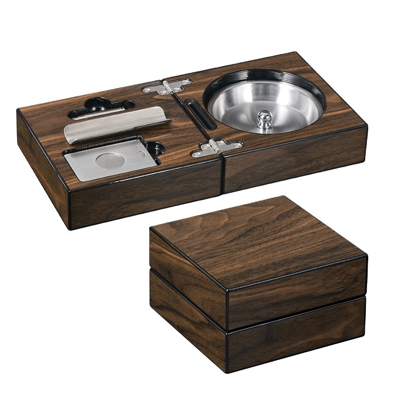 Portable cigar accessories wooden Cigar Ashtray With Removable Stainless Steel Basin, Cigar Punch and Cutter