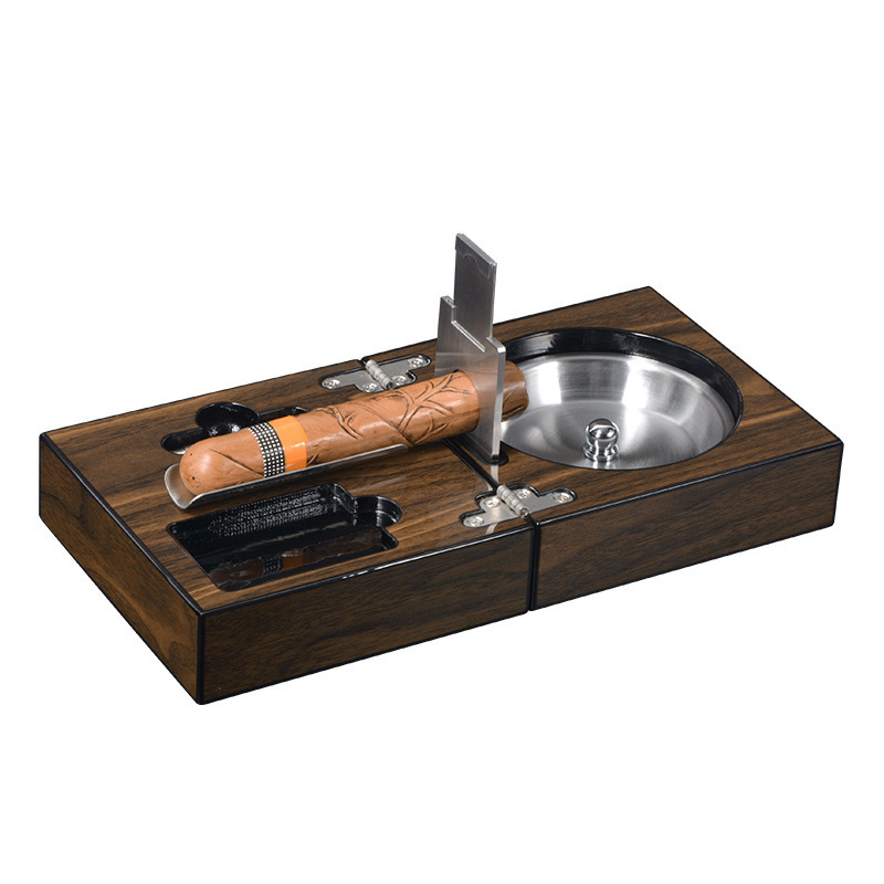 Portable cigar accessories wooden Cigar Ashtray With Removable Stainless Steel Basin, Cigar Punch and Cutter