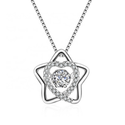 DDC36 Smart CZ Beating Heart necklace Jewelry Silver Dancing Zirconia Star Pendant