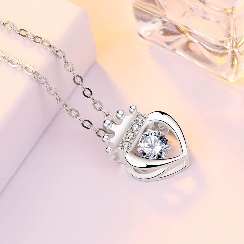 DDC50 925 Silver Necklace  4A CZ Crystal Wedding Princess Crown Pendant  For Women Jewelry