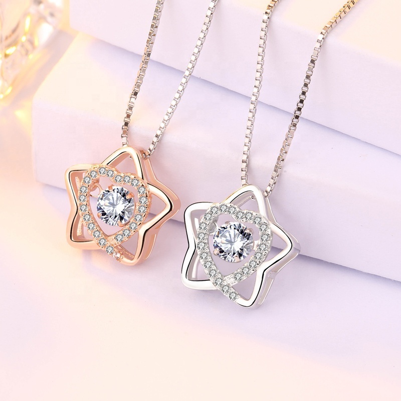 DDC36 Smart CZ Beating Heart necklace Jewelry Silver Dancing Zirconia Star Pendant