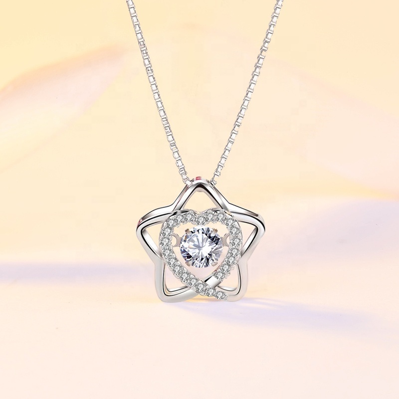 DDC36 Smart CZ Beating Heart necklace Jewelry Silver Dancing Zirconia Star Pendant