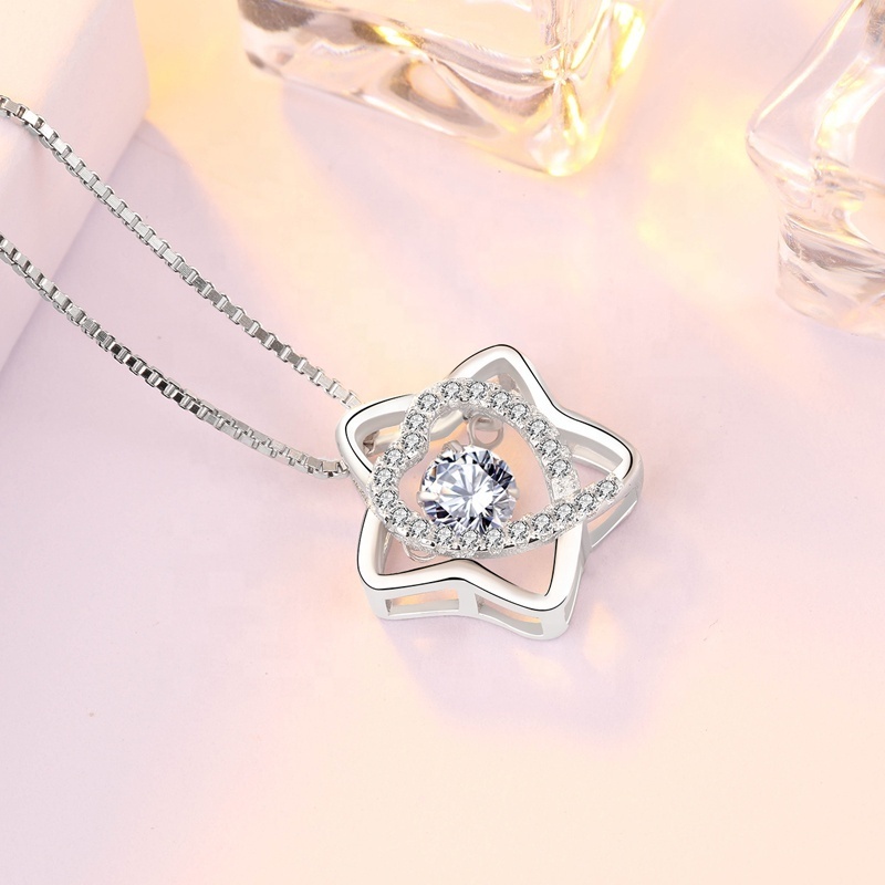 DDC36 Smart CZ Beating Heart necklace Jewelry Silver Dancing Zirconia Star Pendant