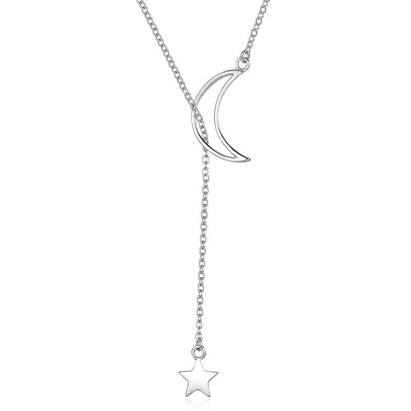 GN03 Finewell 2019 new arrivals custom 925 sterling silver lariat moon star pendant long necklace for women jewelry