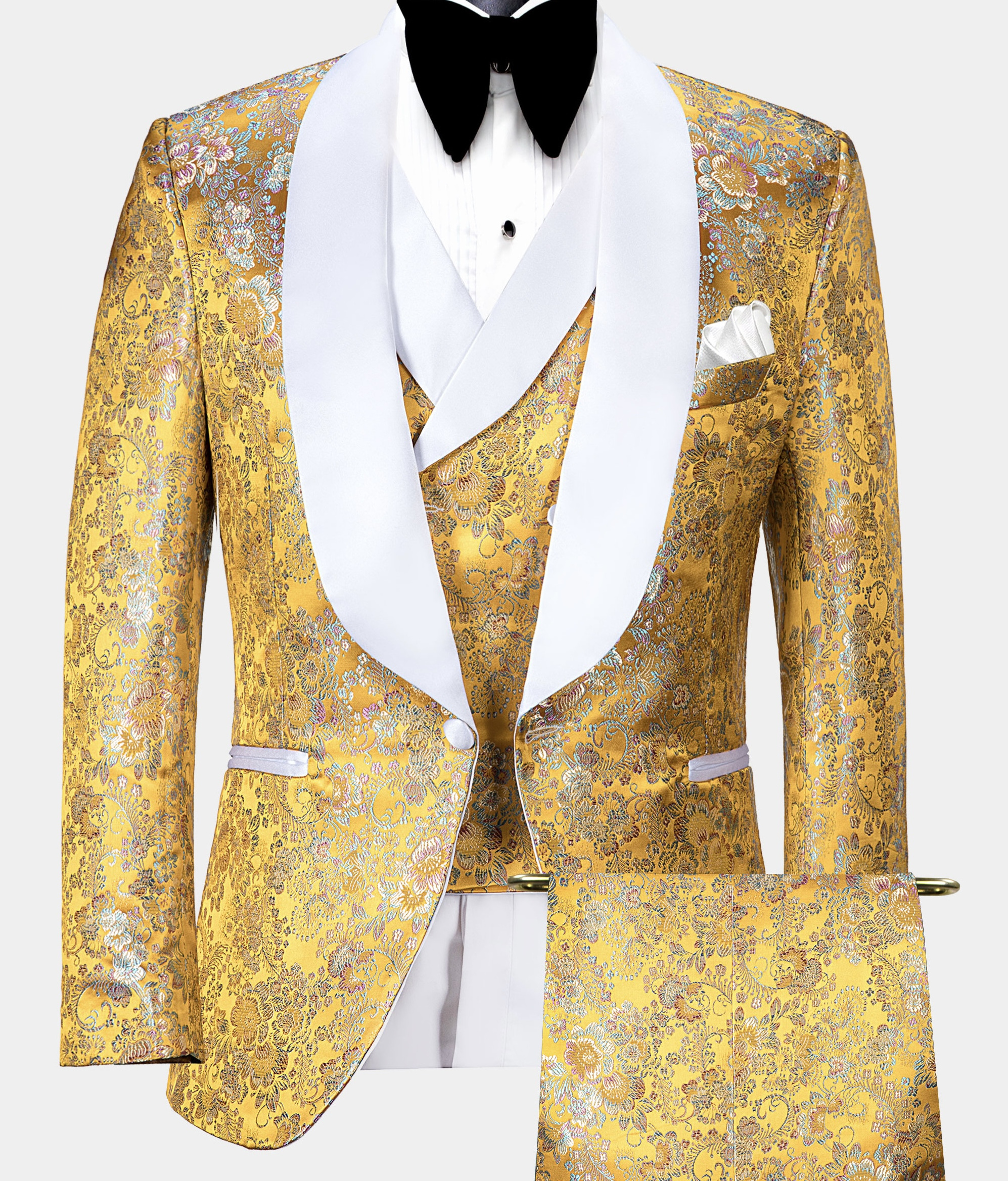 Custom Prom Suit Classic Wedding Men Tuxedo Yellow Floral Tuxedo with White Trim 3 Piece Men Suits