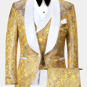 Custom Prom Suit Classic Wedding Men Tuxedo Yellow Floral Tuxedo with White Trim 3 Piece Men Suits