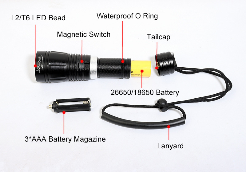 L2 T6 LED Scuba Diving Torch Portable Underwater Lighting Tools 10W Submarine Flashlights with AAA 18650 26650 Battery Operated