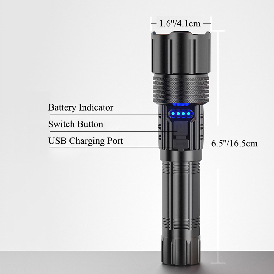 2023 XHP50 LED Flashlight Zoomable Handheld Searchlight USB Rechargeable Portable Spotlight with 5 Lighting Modes 18650 Battery