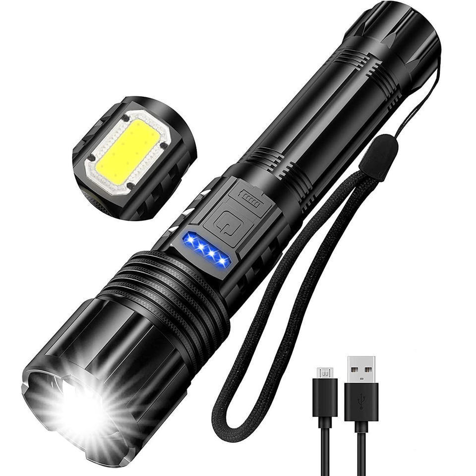 2023 XHP50 LED Flashlight Zoomable Handheld Searchlight USB Rechargeable Portable Spotlight with 5 Lighting Modes 18650 Battery