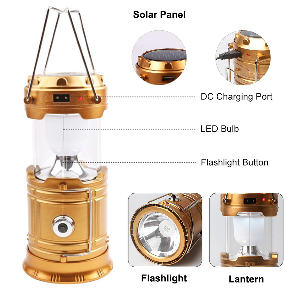 Collapsible Outdoor Portable Camping Lantern Solar Powered Rechargeable Hand Lamp Pop Up Foldable Lighting Tools LED Flashlights