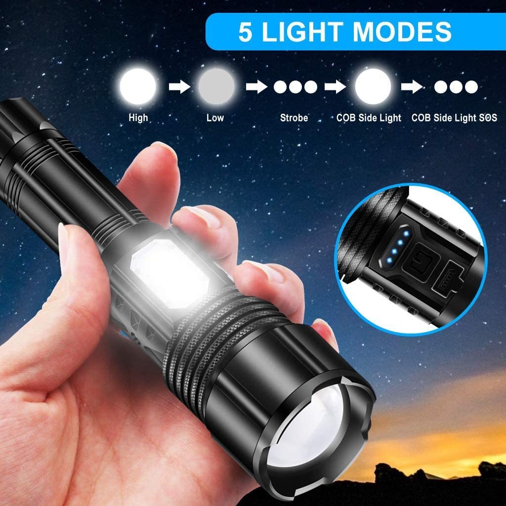 2023 XHP50 LED Flashlight Zoomable Handheld Searchlight USB Rechargeable Portable Spotlight with 5 Lighting Modes 18650 Battery