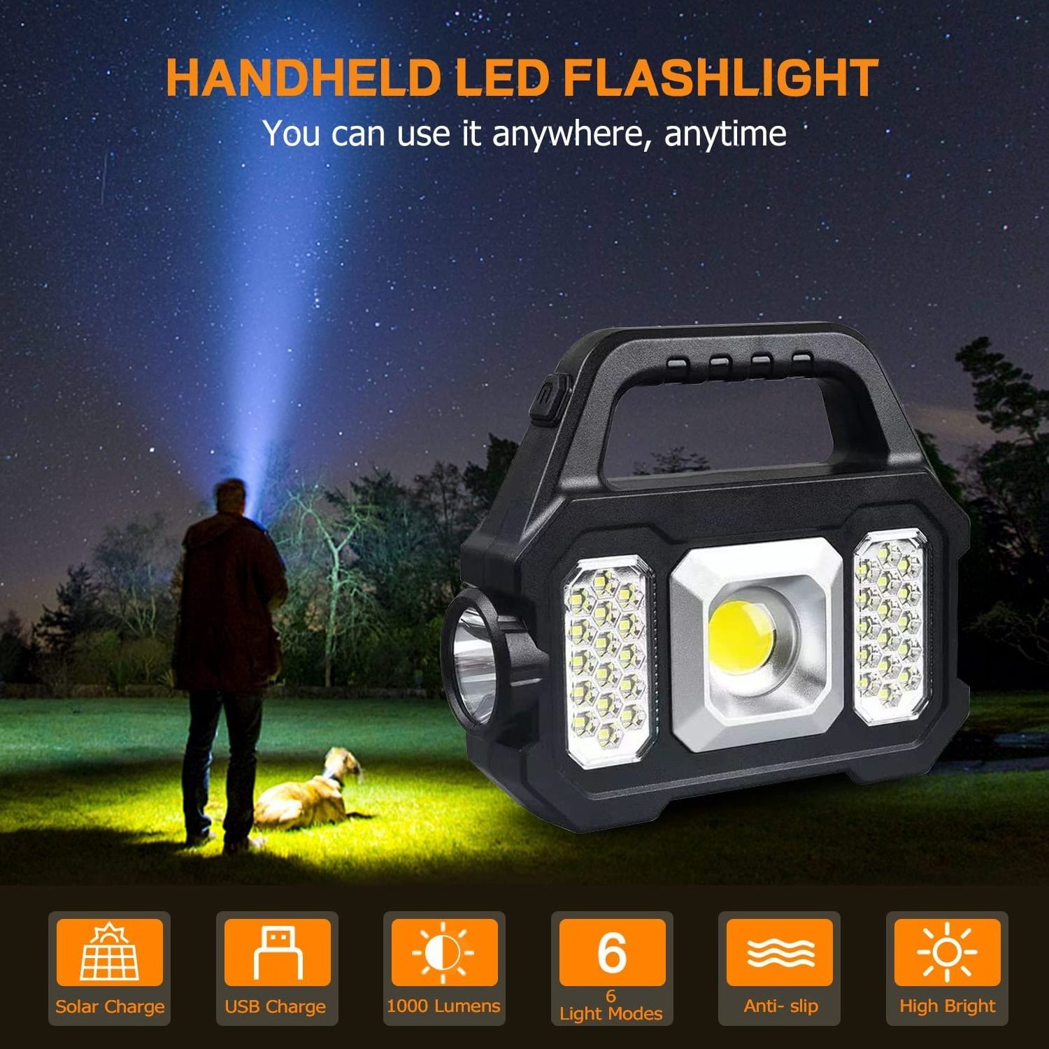 Solar Handheld Flashlights USB Rechargeable 6 Modes Multifunction Lights Super Bright COB LED Searchlight for Fishing Camping