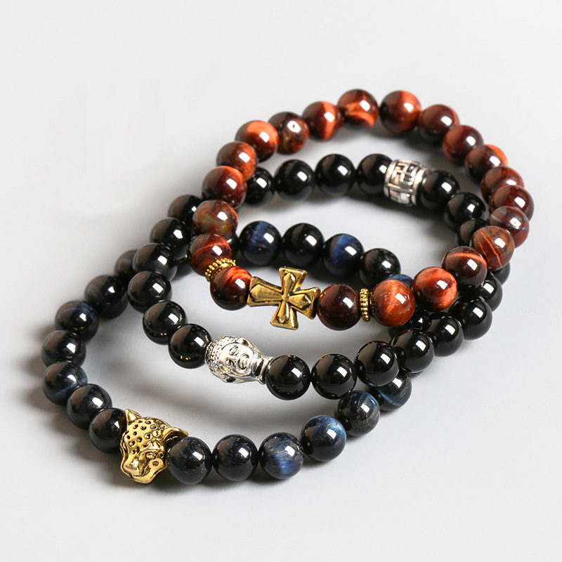 Wholesale Natural 8mm Red Dark Blue Tiger eye Black Agate Healing Crystal Stones Cross Buddha Bracelets For Men Jewelry