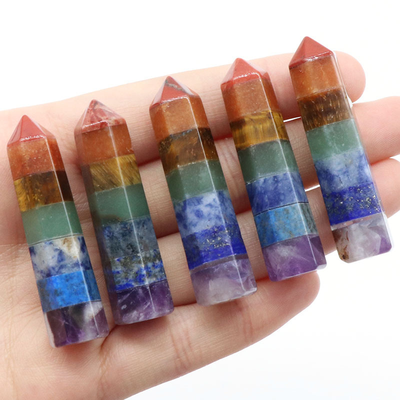 Trendy 7 Chakra Natural Splicing Stone 13*48mm Hexagonal Column Pointed Reiki Healing Gemstones Crystals Agate Ornament