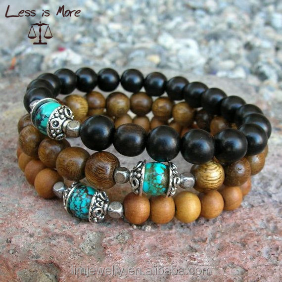 Men's jewelry sandalwood ebony and wood with genuine turquoise guru bracelet set