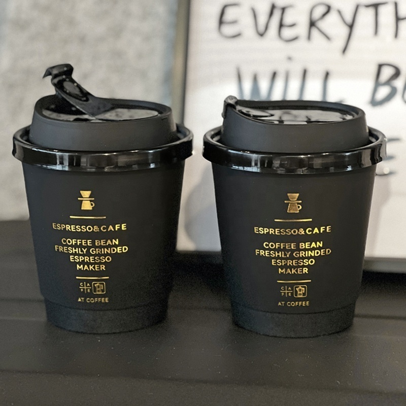 Limon 8oz 12oz disposable double wall gold foil stamping custom logo all black hot coffee paper cup with PS lid