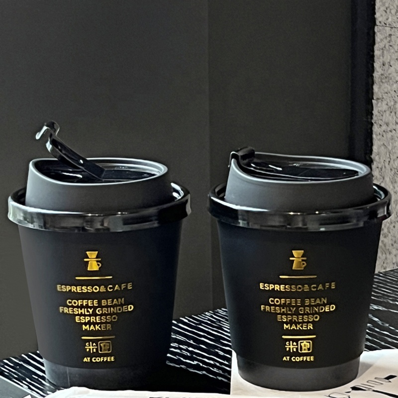 Limon 8oz 12oz disposable double wall gold foil stamping custom logo all black hot coffee paper cup with PS lid